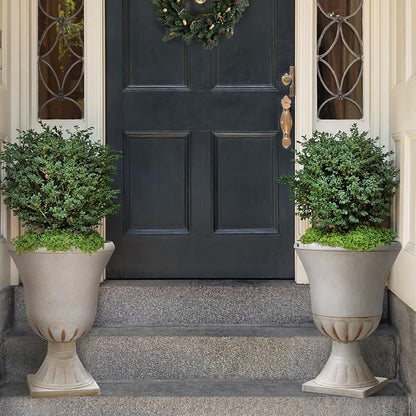 Worth Garden Plastic Urn Planters for Outdoor Plants, Tree 22'' Tall 2 Pack Round Classic Resin Flower Pots Indoor Beige Traditional Front Porch 15 in Dia. Large Imitation Stone Decorative Patio Deck
