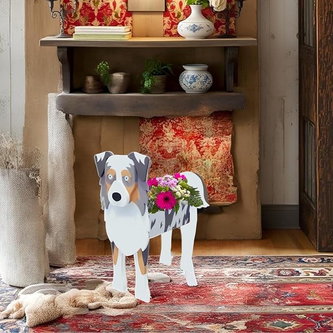 Australian Shepherd Dog Planter Pots, 9.84 x 7.13 x 17 Inches | Large Dog Flower Pot, Cute Animal Shaped Plant Pot, Gifts for Women & Pet Lovers, Indoor Outdoor Garden Home Office Decor