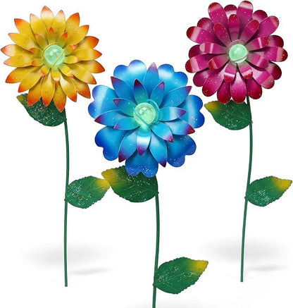 Garden Decor for Outside, 3 Pack Metal Flower Garden Stakes with Glow Beads, Swaying Yard Art for Lawn, Patio, Flower Beds & Outdoor Garden Decorations