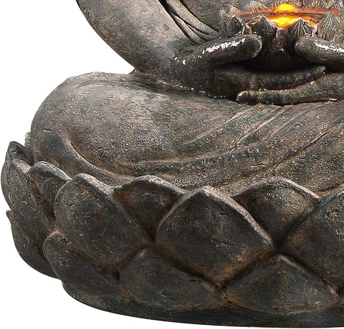Teamson Home Buddha Zen Statue Water Fountain, Stone Gray | LED Light, Pump Included, Outdoor Patio Garden Backyard Decking, 28 Inch Height