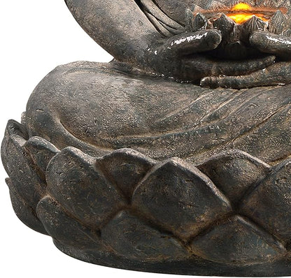 Teamson Home Buddha Zen Statue Water Fountain, Stone Gray | LED Light, Pump Included, Outdoor Patio Garden Backyard Decking, 28 Inch Height