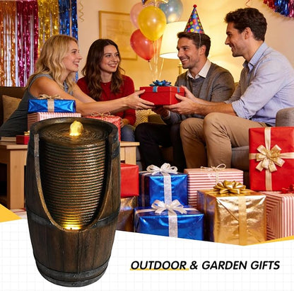 Outdoor Barrel Water Fountain with LED Lights, Rustic Wood Look Resin Waterfall Feature, Freestanding Garden Decor for Patio Yard Porch Deck Farmhouse Landscaping