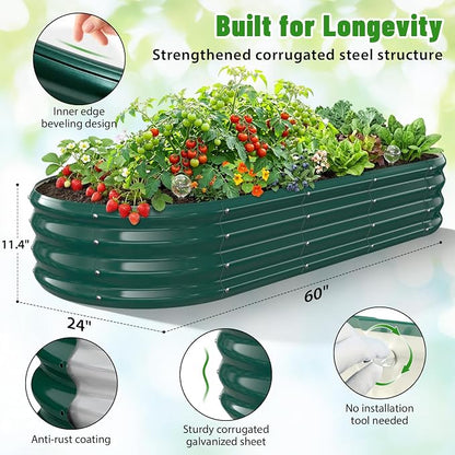 Oval Raised Garden Bed, 5 x 2 x 1FT, Galvanized Steel Planter Box with Wave-Shaped Metal Panels Painted for Outdoor Flower,Tree,Herb & Vegetable Garden (Green, 60X24X12 inches)