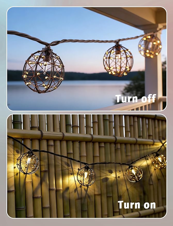 8.5Ft Outdoor Decorative Patio Lights, 10L Beaded Copper Wire Ball Style Lantern Lights, Connectable Weather-Resistant Indoor Outdoor Boho String Lights for Home Pergola Campings Porch Party Backyard