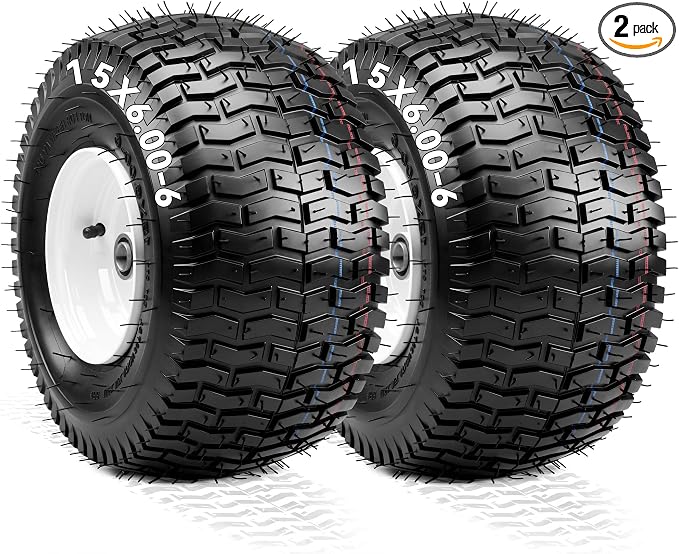 YITAMOTOR 15x6.00-6 Flat Free Lawn Mower Tires & Wheel Assemblies, 4 Ply Pneumatic Front Tires Replacement Fits John Deere, Lawn Tractors, More Riding Mowers | 3" Centered Hub, 3/4" Bearings (2 Pack)