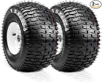 YITAMOTOR 15x6.00-6 Flat Free Lawn Mower Tires & Wheel Assemblies, 4 Ply Pneumatic Front Tires Replacement Fits John Deere, Lawn Tractors, More Riding Mowers | 3" Centered Hub, 3/4" Bearings (2 Pack)