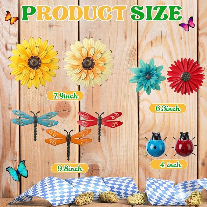 Therwen 9 Pcs Metal Wall Art Decor for Outside 3D Metal Sunflower Backyard Decorations Hanging Outdoor Wall Art Multicolored Flowers for Garden Fence Patio Yard Outdoor Porch