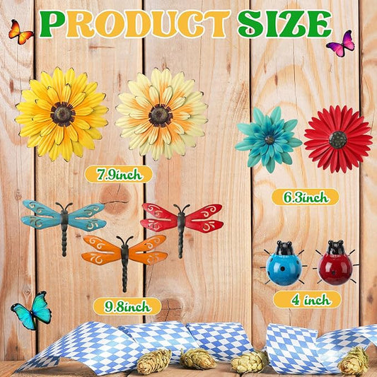 Therwen 9 Pcs Metal Wall Art Decor for Outside 3D Metal Sunflower Backyard Decorations Hanging Outdoor Wall Art Multicolored Flowers for Garden Fence Patio Yard Outdoor Porch