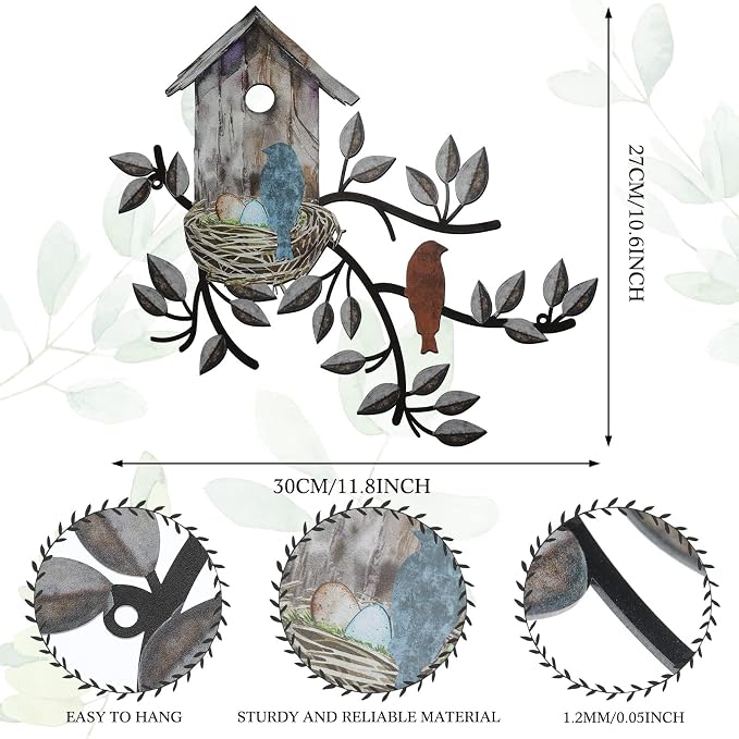 Peryiter Birds Wall Metal Decor Outdoor Art Hanging Metal Tree with Birdhouse for Living Room Tree Leaf Wall Decor for Indoor Outdoor Garden(Brown)