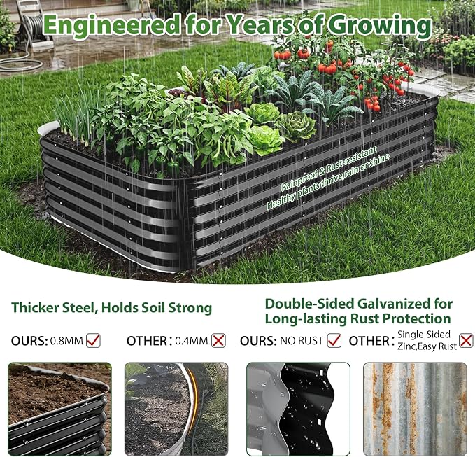 16.5" Deep Square Galvanized Raised Garden Bed 4x4 ft – Large Metal Planter Box for Vegetables, Flowers & Herbs – Heavy Duty Outdoor Above Ground Gardening Bed with Easy Assembly (Black)