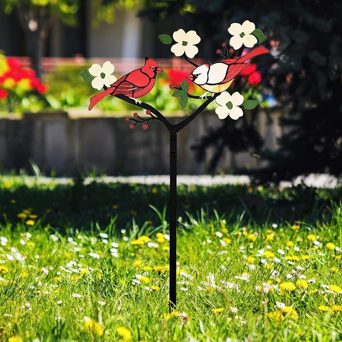 Cardinal Garden Stakes Bird Decor | For Gardens Patios Gravesides 1mm Hardened Steel Rustproof Easy Assembly