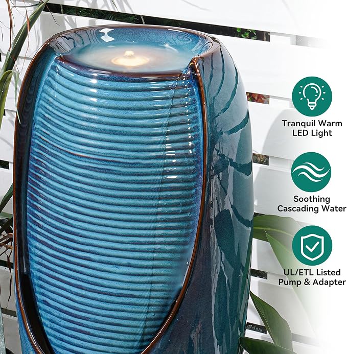 32" H Outdoor Garden Fountain with LED Lights, Modern Ceramic Jar Water Fountain, 3D Tropical Leaf Pattern, Teal Blue Glaze, Soothing Cascading Waterfall for Relaxing Patio, Yard, Porch