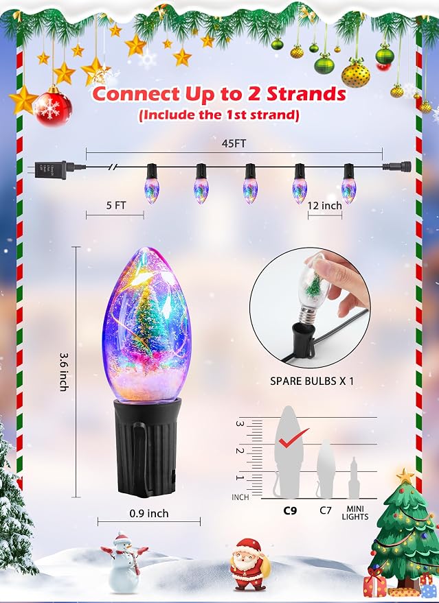 C9 LED Christmas Lights Outdoor, 45 Ft C9 String Lights with 40 Shatterproof LED Bulbs, 3 Light Mode, Connectable Waterproof Christmas Tree Lights for Outside Indoor Holiday Garden Decor, Multicolor