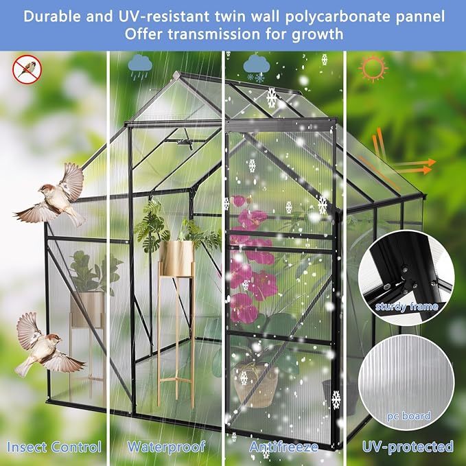 6x6 FT Greenhouse, Walk-in Polycarbonate Greenhouses with Sliding Doors, Aluminum Frame, Adjustable Roof Vent, Raised Base & Anchor, Outdoor Backyard Greenhouse for All Seasons, Black