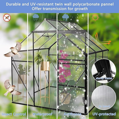 6x6 FT Greenhouse, Walk-in Polycarbonate Greenhouses with Sliding Doors, Aluminum Frame, Adjustable Roof Vent, Raised Base & Anchor, Outdoor Backyard Greenhouse for All Seasons, Black