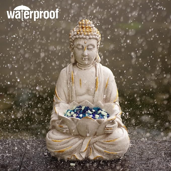 Goodeco Meditating Buddha Statue Sculpture - Outdoor Sitting Sculpture Decoration, Marble Finish with Lotus and Magical Glow in The Dark Pebbles and Glass Stones,Gift idea,White Color (12 inch)