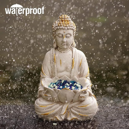 Goodeco Meditating Buddha Statue Sculpture - Outdoor Sitting Sculpture Decoration, Marble Finish with Lotus and Magical Glow in The Dark Pebbles and Glass Stones,Gift idea,White Color (12 inch)
