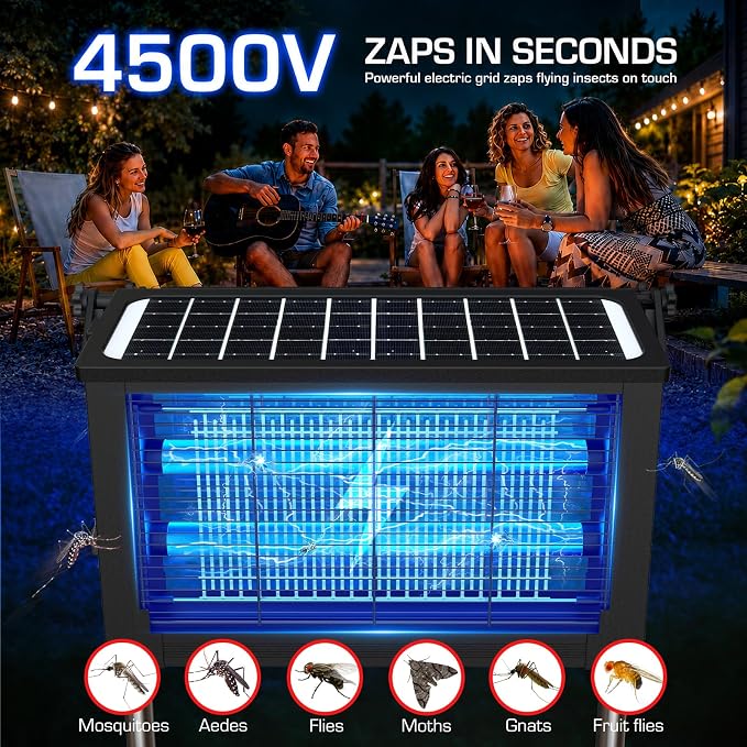 Solar Bug Zapper Outdoor with Dual Solar Panels, PhatroyYee 4500V Cordless Waterproof Mosquito Zapper, Auto On/Off, USB-C & Solar Powered Electric Fly Zapper Trap Killer for Patio Backyard RV Camping