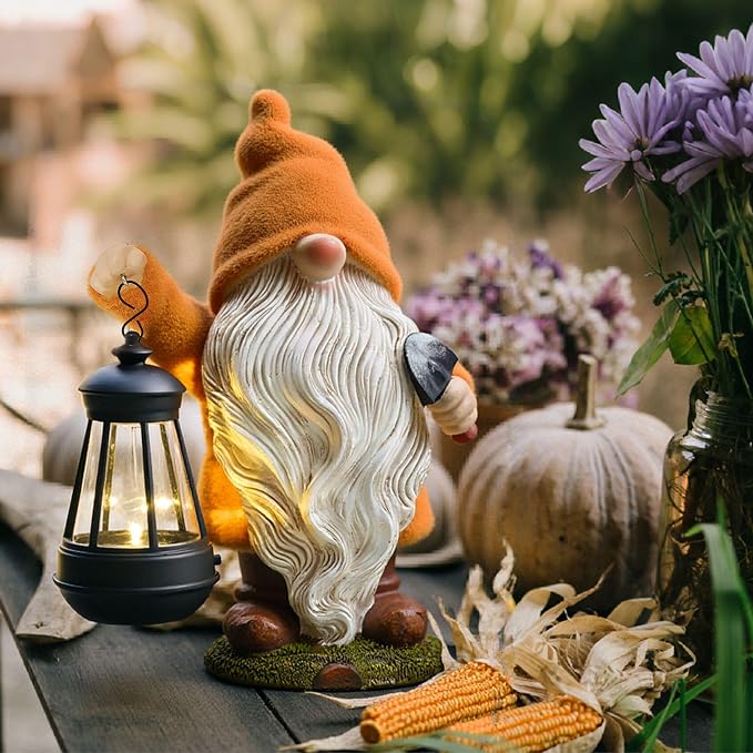TERESA'S COLLECTIONS Fall Outdoor Decor, Fall Gnome Decor, Autumn Garden Gnomes Holding Lantern with Solar Lights,Waterproof Resin Outdoor Fall Decor, Fall Gifts Outdoor/Indoor,8"