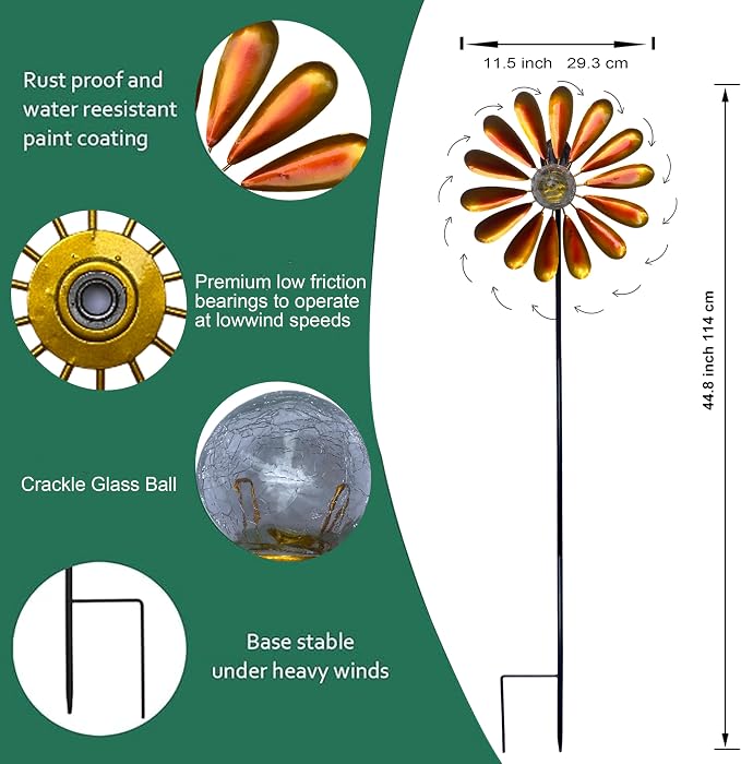 44.48in Orange Solar Daisy Wind Spinner, Metal Stake with Warm White LED Globe Lights