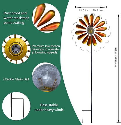 44.48in Orange Solar Daisy Wind Spinner, Metal Stake with Warm White LED Globe Lights