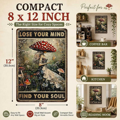 PEACHGARDEN Vintage Mushroom Kitchen Decor Lose Your Mind Find Your Soul Metal Tin Sign Whimsigoth Wall Art Cottagecore Witchy Room Aesthetic For Home Coffee Bar Botanical Bohemian Gift 8x12 Inch