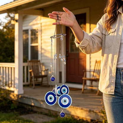 YU FENG 19 Inch Blue Evil Eye Wind Chimes for Outside Garden | Metal Hanging Windchime, Glass Bead Design, Rainbow Light Catcher, Outdoor Yard Patio Home Decoration