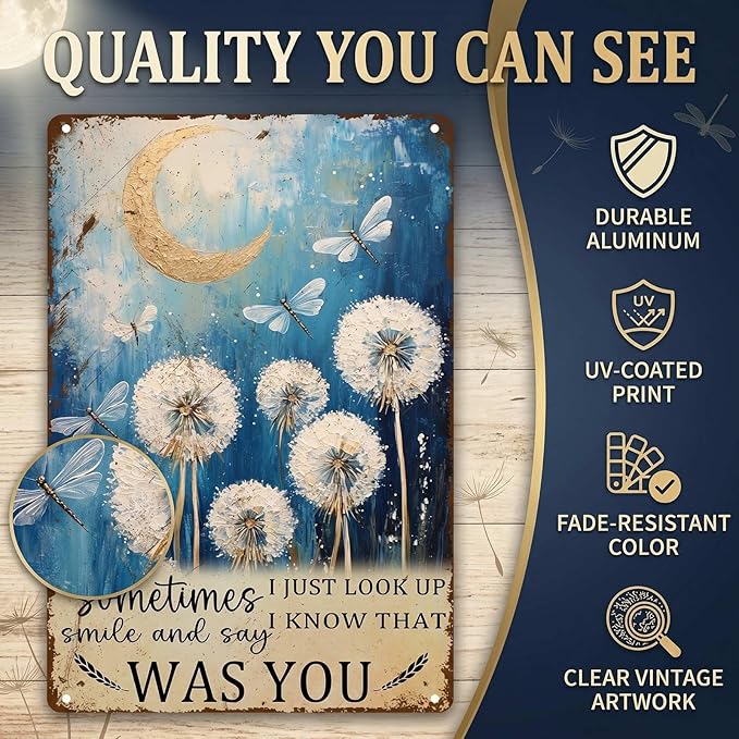 PEACHGARDEN Dragonfly Sign Dandelion Decor Wall Art - "I Know That Was You" Whimsical Home Decor, Vintage Memorial Metal Sign for Bedroom Living Room 8x12 Inch