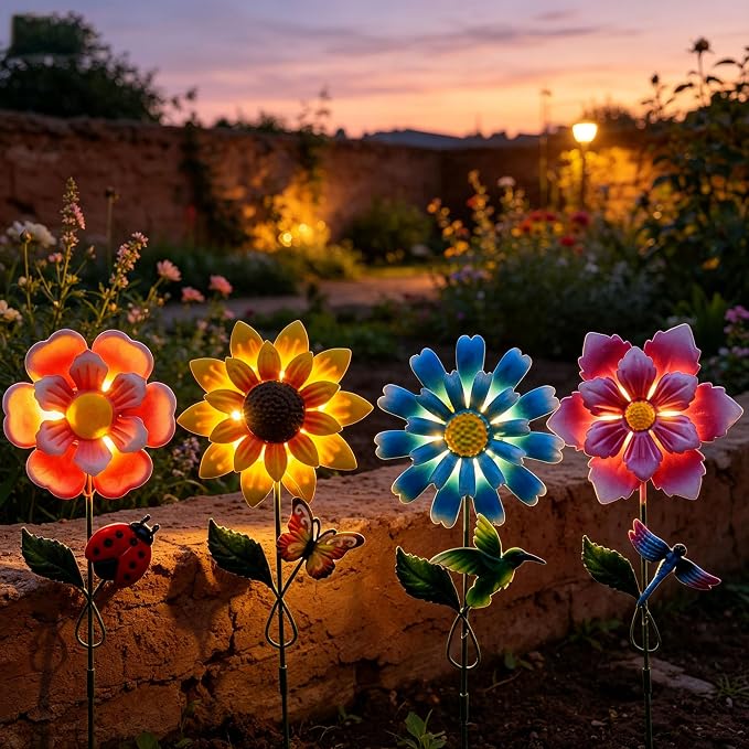 Solar Garden Stakes Lights for Outdoor Decor, 4 Pack Waterproof Metal Art Stick Flowers, Light for Outside Garden Patio Pathway Yard Backyard Porch Lawn