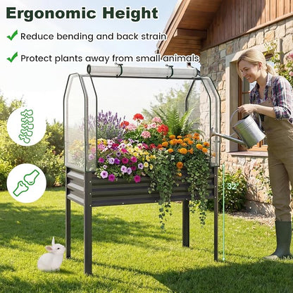 Giantex Raised Garden Bed with Legs & Greenhouse Cover, 44x22x60 Elevated Metal Planter Box with Roll-up Door, Outdoor Mini Greenhouse for Vegetable Flower Herb Patio Balcony (Black,2)