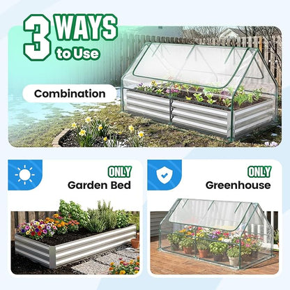 Quictent Raised Garden Bed with Cover Outdoor Galvanized Metal Planter Box Kit, w/ 2 Large Screen Windows Mini Greenhouse 20pcs T Tags 1 Pair of Gloves Included for Growing Vegetables 6x3x1ft (Clear)