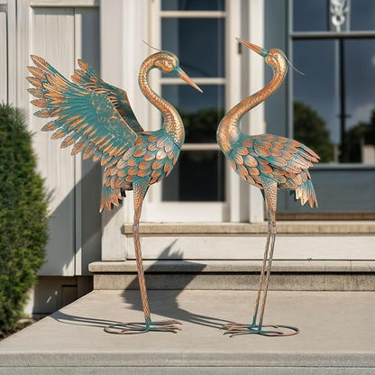 36.8" Metal Crane Garden Statue, Extra-Large Heron Yard Art | Handcrafted Blue Heron with U-ground Stakes for Stability. Weatherproof Iron Bird Art for Backyard, Lawn, Pond, or Patio.