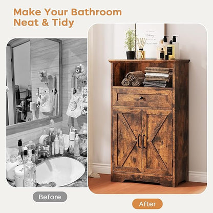 Floor Cabinet, Farmhouse Storage Cabinet with Barn Doors and Drawer, 11.81" D x 23.62" W x 39.37" H Rustic Brown Freestanding Adjustable Shelf Organizer for Bathroom, Kitchen, Living Room