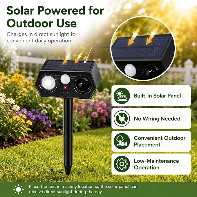 2026 Upgraded Solar Animal Repellent Deer Repellent Outdoor Waterproof Pest Deterrent, Cat Raccoon Skunk Squirrel Rabbit Repellent for Yard Garden Farm,Waterproof IP65, Motion Detection,4 Pack Black