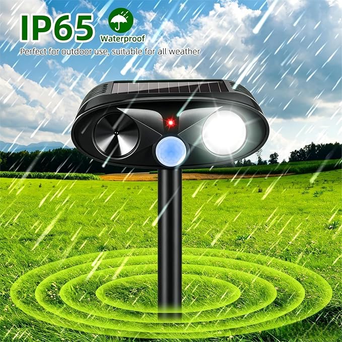 4 Pack Upgraded Solar Animal Repellent Ultrasonic Outdoor for Cats, Raccoons,Squirrels,Rabbits &Foxes,Sonic Deer Repellent Devices Waterproof with Motion Sensor& Flashing Animal Deterrent for Garden