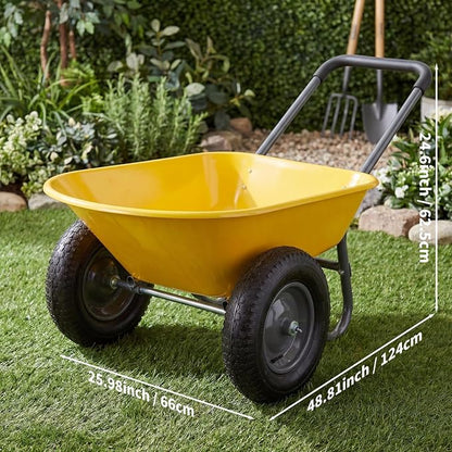 Garden Wheelbarrow Cart, Heavy Duty Utility Cart with Dual Wheels and Built-in Stand, Iron and Plastic Yard Cart for Home, Lawn and Garden
