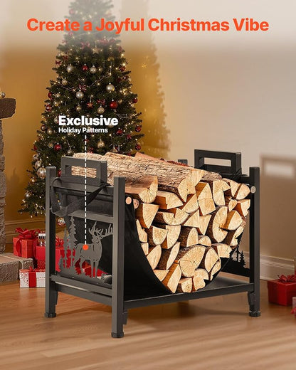 VEVOR Indoor Firewood Rack, 1.5 ft Curved Log Holder with Canvas Carrier, 40lb Weight Capacity Wood Storage Stand, Powder-Coated Steel Firewood Holder, Heavy Duty Wood Pile Stacker Rack for Fireplace