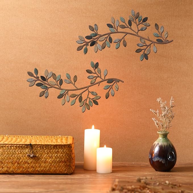 Hotop 2 Pieces Metal Tree Leaf Wall Decor Vine Olive Branch Leaf Wall Art Wrought Iron Scroll Sculptures Above the Bed, Living Room, Outdoor Decoration(Classic Style,Classic Color)
