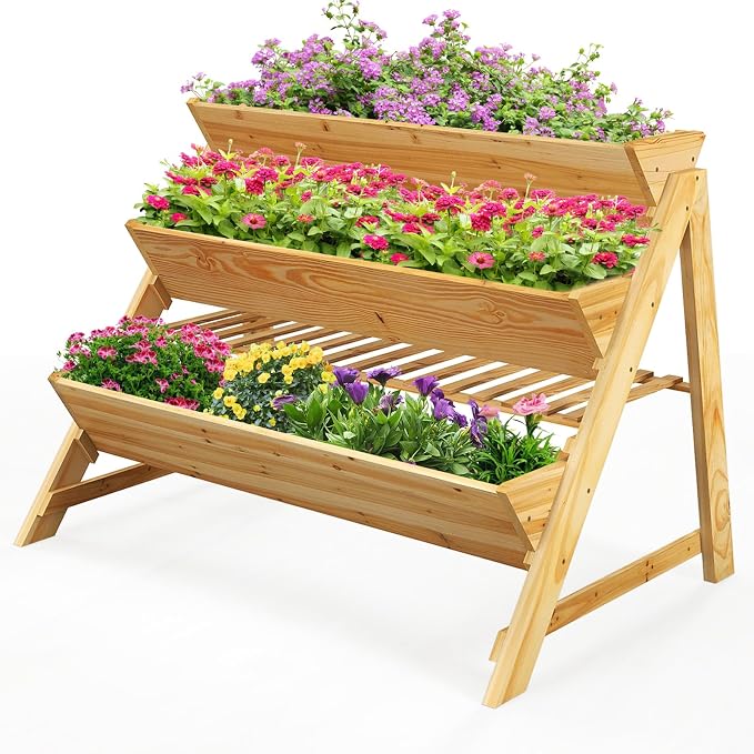 3-Tier Raised Garden Bed, Elevated Gardening Bed with Storage Shelf, Bed Liner, Garden Planter for Flowers, Vegetables, Herbs, Pine Wood Planter Box for Patio, Balcony, Porch