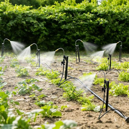 15 Sets 360° Adjustable Irrigation Misting Heads with Stake Micro Spray Emitters with 1/4" Irrigation Tubing on Riser Stake,Automatic Atomizing Sprinkler Stake Assembly for Garden Watering System