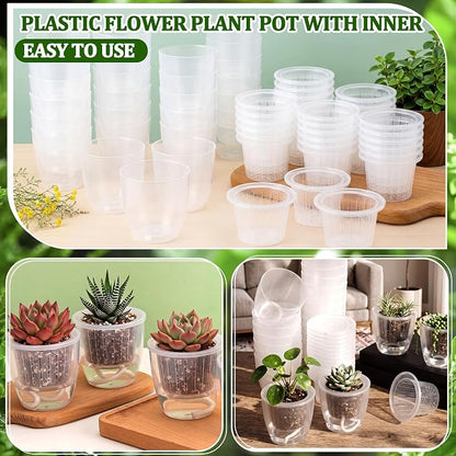 72 Pcs Self Watering Pots 3.5 Inch Plastic Flower Plant Pot with Inner Pot Self Watering Wick Planter White Clear Flower Pots for Indoor House Plants Herbs, Flowers, Succulents (Transparent)