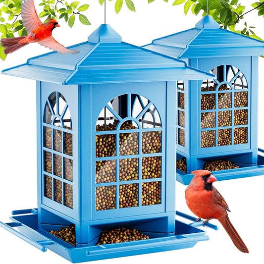 Birdream 2 Pack Bird Feeders for Outdoor Hanging, Assembly Required, 1-Min Easy Setup, Classic Courtyard Design, Attracting Cardinals Chickadees Goldfinches & Sparrows - Blue