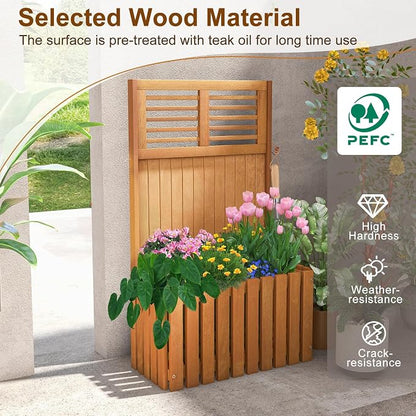 HAPPYGRILL Raised Garden Bed, Wooden Planter w/Trellis & Privacy Screen for Hanging Pot Plants, Outdoor Elevated Planter Box w/Slatted Bottom & 2 Side Hooks for Balcony Patio Garden (2)