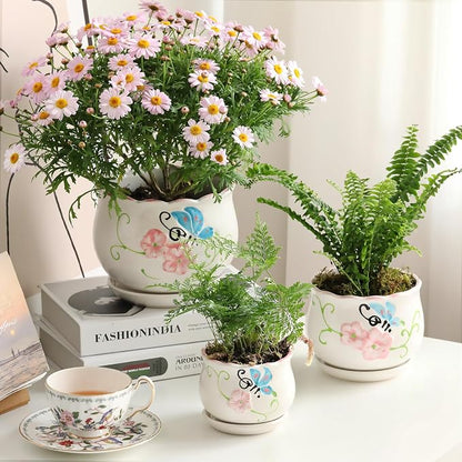 Flower Pots, Ceramic Plant Pots Set of 3, Small Succulent Pot with Drainage | 4/5.2/6.6 Inches, Cactus Planter with Saucer, Indoor Garden Pots