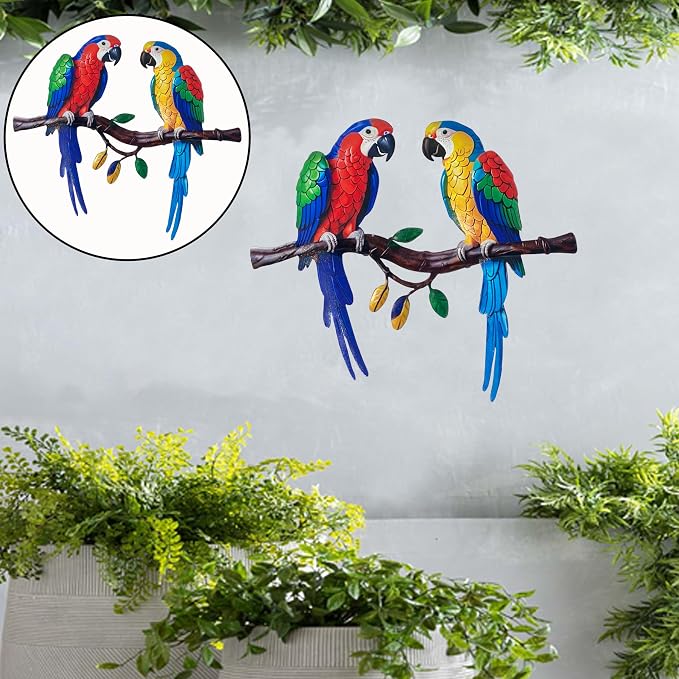 Limygus Colorful Tropical Double Parrot Metal Wall Art, Indoor Outdoor Hanging Decor for Patio Yard Balcony Living Room