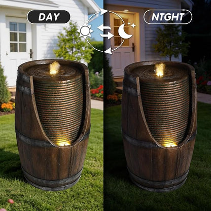Outdoor Barrel Water Fountain with LED Lights, Rustic Wood Look Resin Waterfall Feature, Freestanding Garden Decor for Patio Yard Porch Deck Farmhouse Landscaping