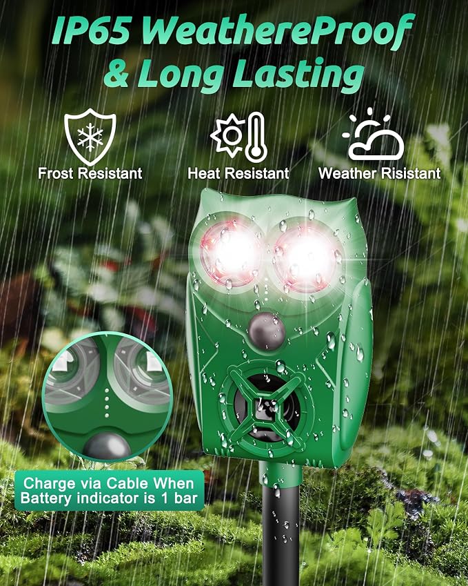 Solar Ultrasonic Animal Repellent with Motion Sensor - Waterproof Deer Repellent Device with LED Lights for Yard, Effective Against Deer, Coyotes, Raccoons & Cats (2, Green)