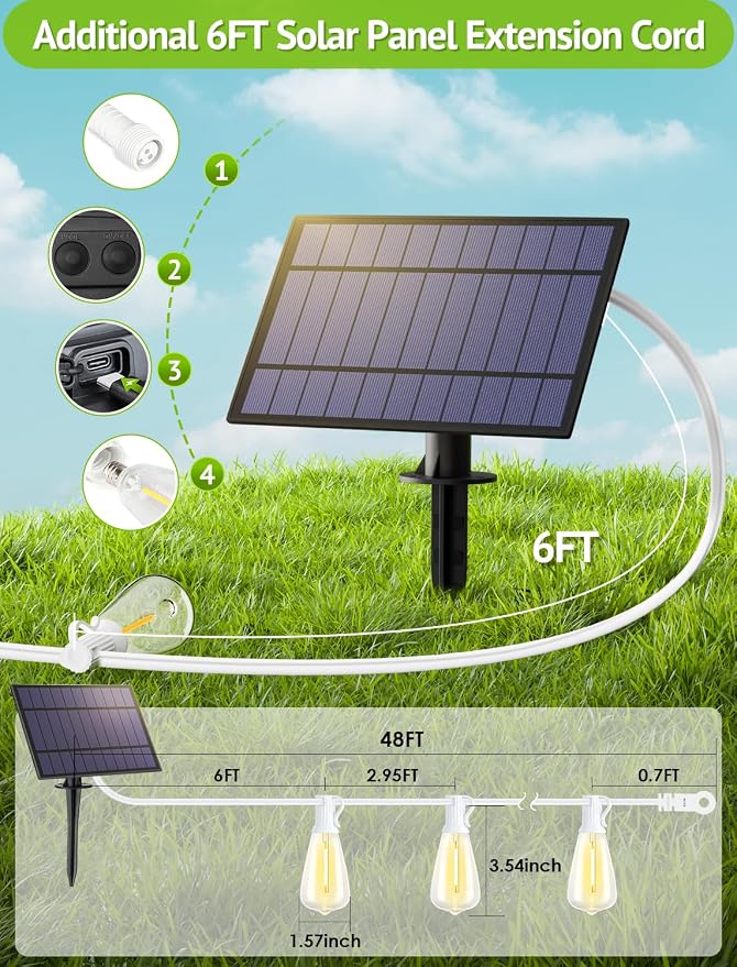Larkvue 48FT Solar Outdoor String Lights with Remote & Timer, Shatterproof Dimmable 3 Modes Patio Lights with 15+1 ST38 LED Bulbs for Backyard-White