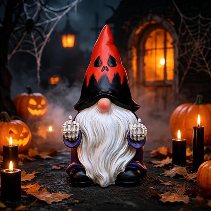 Halloween Middle Finger Gnome Statue with Skeleton Hands - Spooky Ghost Face Hat Resin Figurine 7.8in, Weather Resistant Indoor Outdoor Decor for Patio Yard Halloween Party, Novelty Edgy Gift