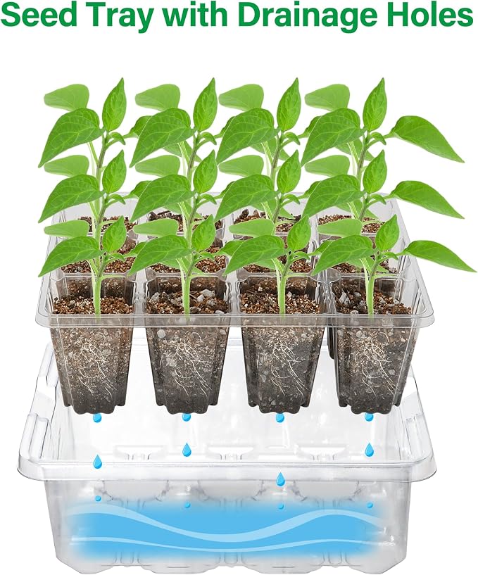 Bonviee 5 Packs Seed Starter Tray with Grow Light, Elevated Seedling Starter Trays Kits with Adjustable Humidity Domes and Clear Cell Tray, 12 Full Spectrum led lamp Beads for Plants Indoor-Clear